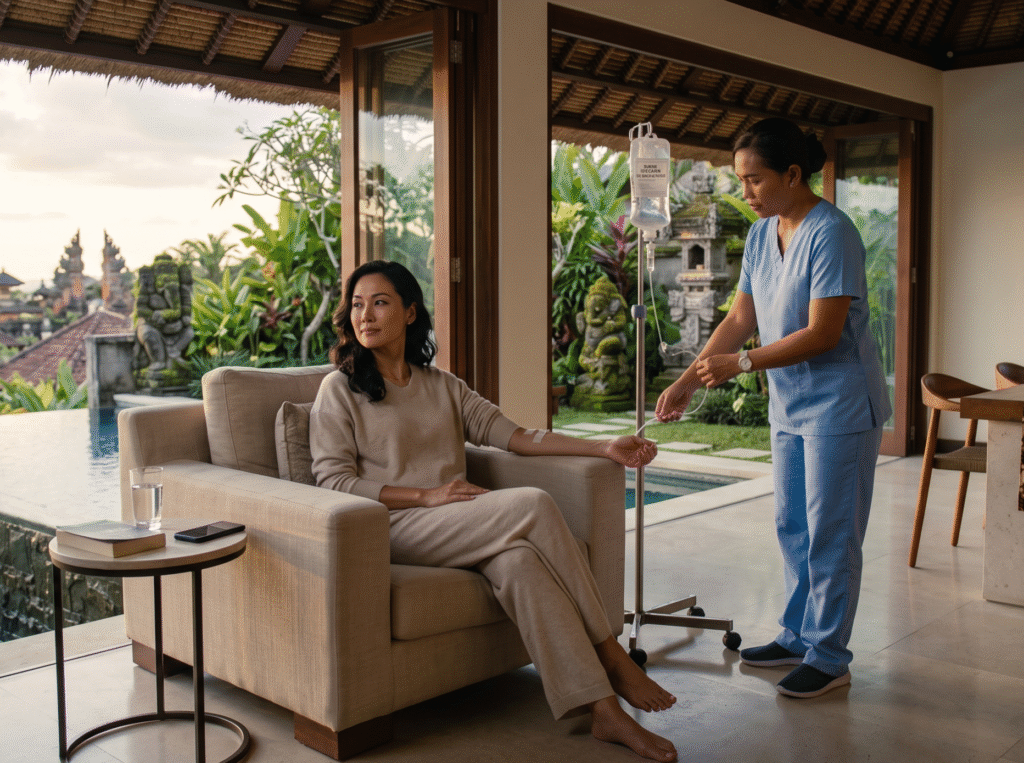 Fever IV Drip Bali treatment by licensed doctor during hotel visit
