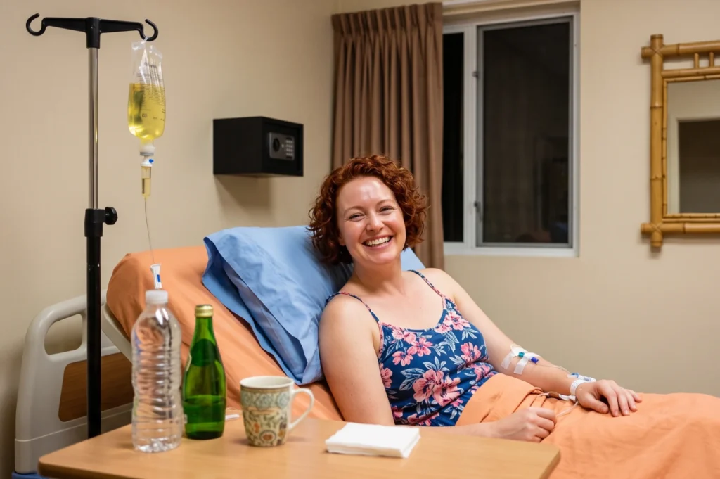 Hangover IV Drip in Bali by licensed doctor to help relieve dehydration, headache, nausea, fatigue, and hangover symptoms.